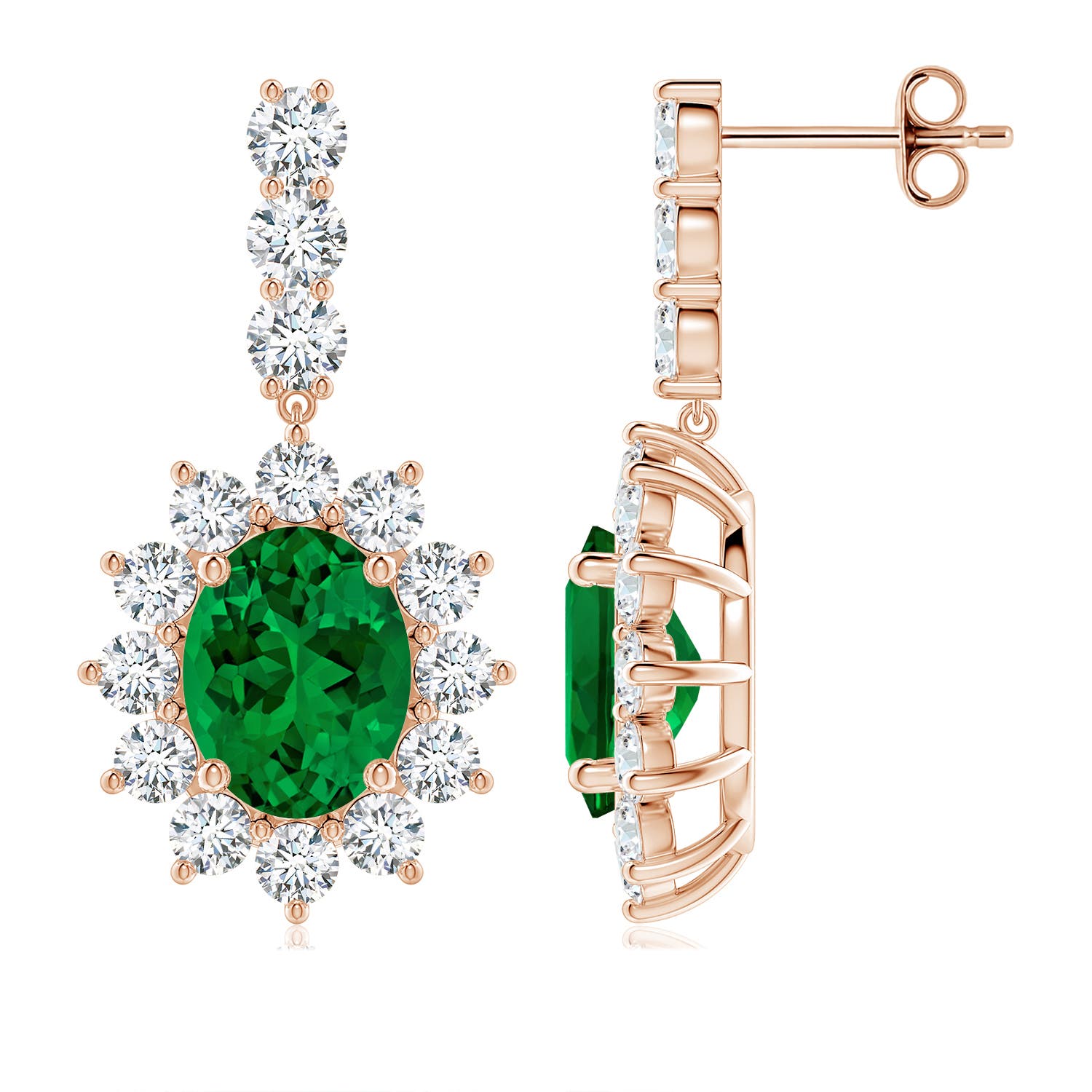 9x7mm Labgrown Oval Lab-Grown Emerald Floral Halo Dangle Earrings in Rose Gold