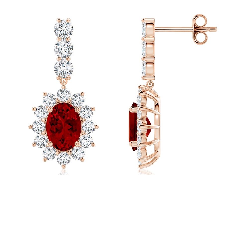 7x5mm Labgrown Oval Lab-Grown Ruby Floral Halo Dangle Earrings in Rose Gold 