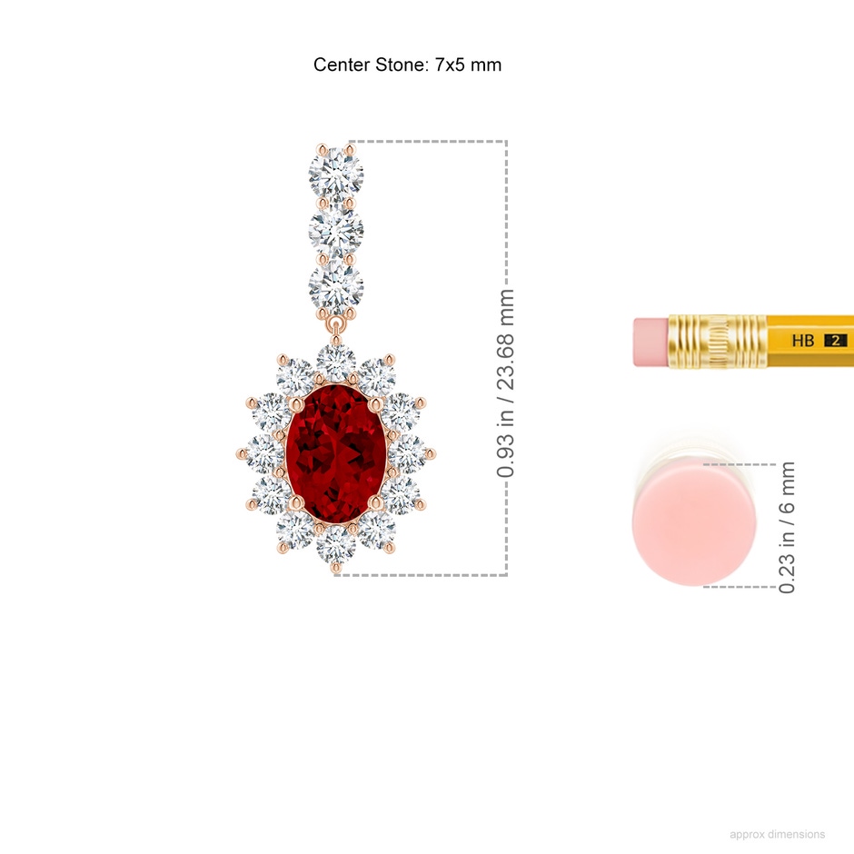 7x5mm Labgrown Oval Lab-Grown Ruby Floral Halo Dangle Earrings in Rose Gold ruler