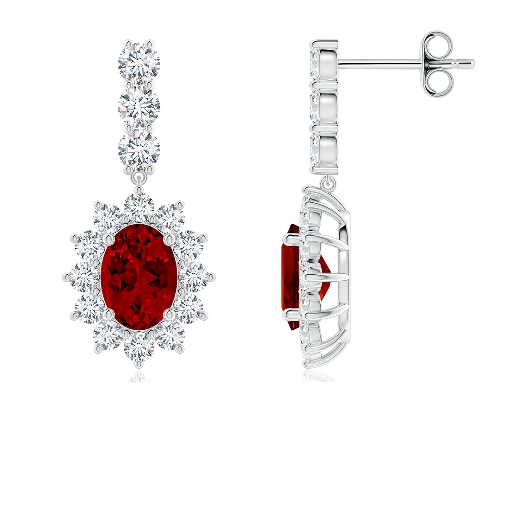 7x5mm Labgrown Oval Lab-Grown Ruby Floral Halo Dangle Earrings in White Gold