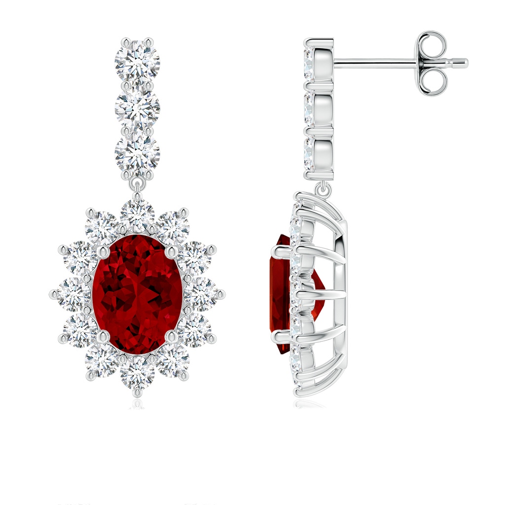 8x6mm Labgrown Oval Lab-Grown Ruby Floral Halo Dangle Earrings in White Gold