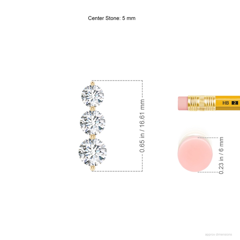 5mm FGVS Graduated Round Lab-Grown Diamond Three Stone Earrings in Yellow Gold ruler