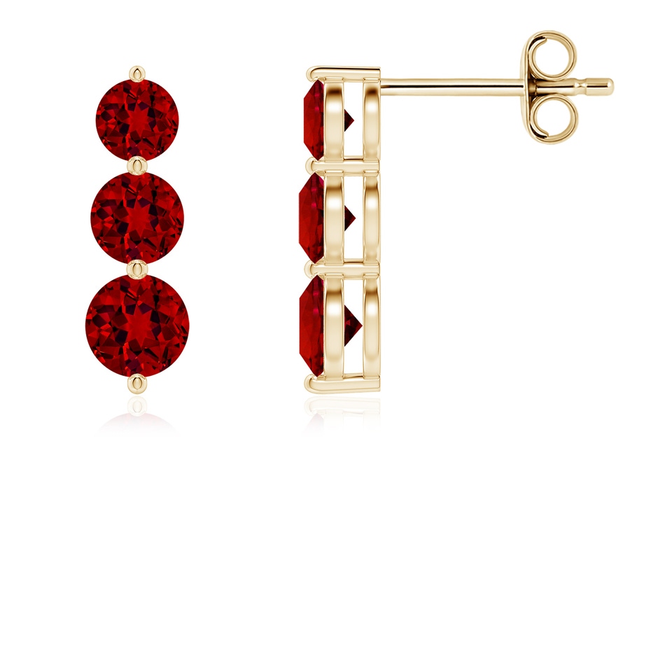 4mm Labgrown Graduated Round Lab-Grown Ruby Three Stone Earrings in Yellow Gold 