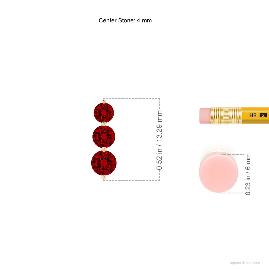 4mm Labgrown Graduated Round Lab-Grown Ruby Three Stone Earrings in Yellow Gold ruler