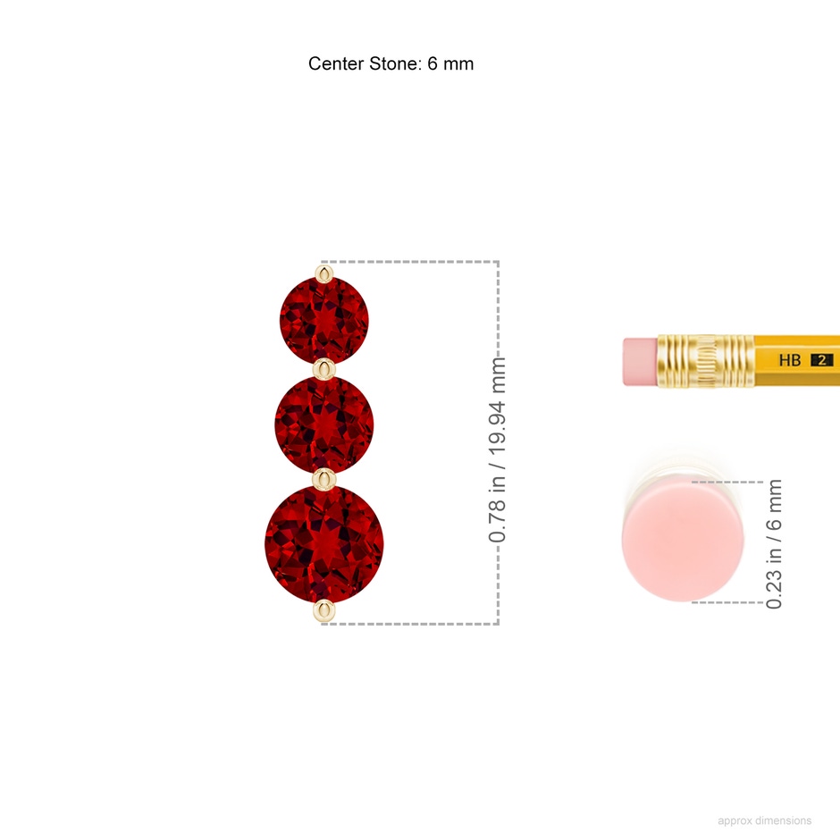 6mm Labgrown Graduated Round Lab-Grown Ruby Three Stone Earrings in Yellow Gold ruler