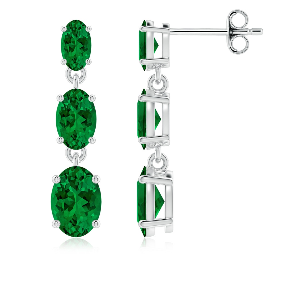 7x5mm Labgrown Graduated Oval Lab-Grown Emerald Three Stone Earrings in 18K White Gold