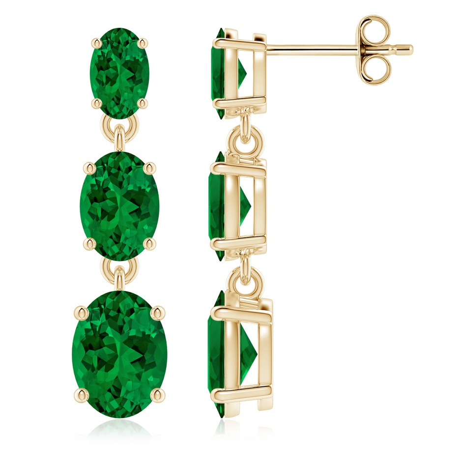 8x6mm Labgrown Graduated Oval Lab-Grown Emerald Three Stone Earrings in Yellow Gold 