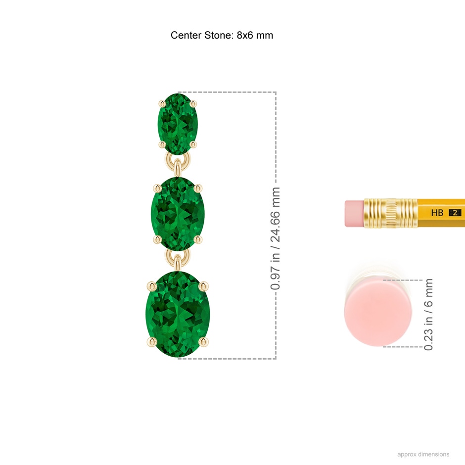 8x6mm Labgrown Graduated Oval Lab-Grown Emerald Three Stone Earrings in Yellow Gold ruler