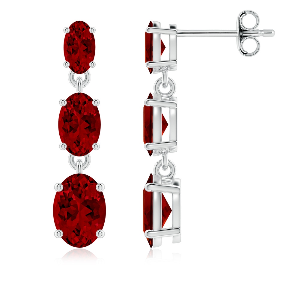 7x5mm Labgrown Graduated Oval Lab-Grown Ruby Three Stone Earrings in 18K White Gold