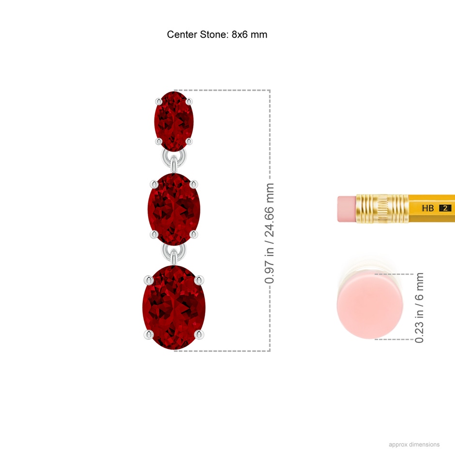 8x6mm Labgrown Graduated Oval Lab-Grown Ruby Three Stone Earrings in White Gold ruler