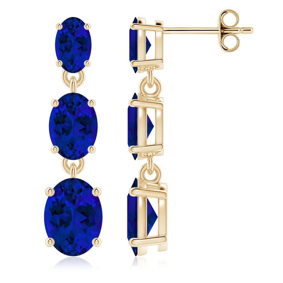 8x6mm Labgrown Graduated Oval Lab-Grown Blue Sapphire Three Stone Earrings in Yellow Gold 