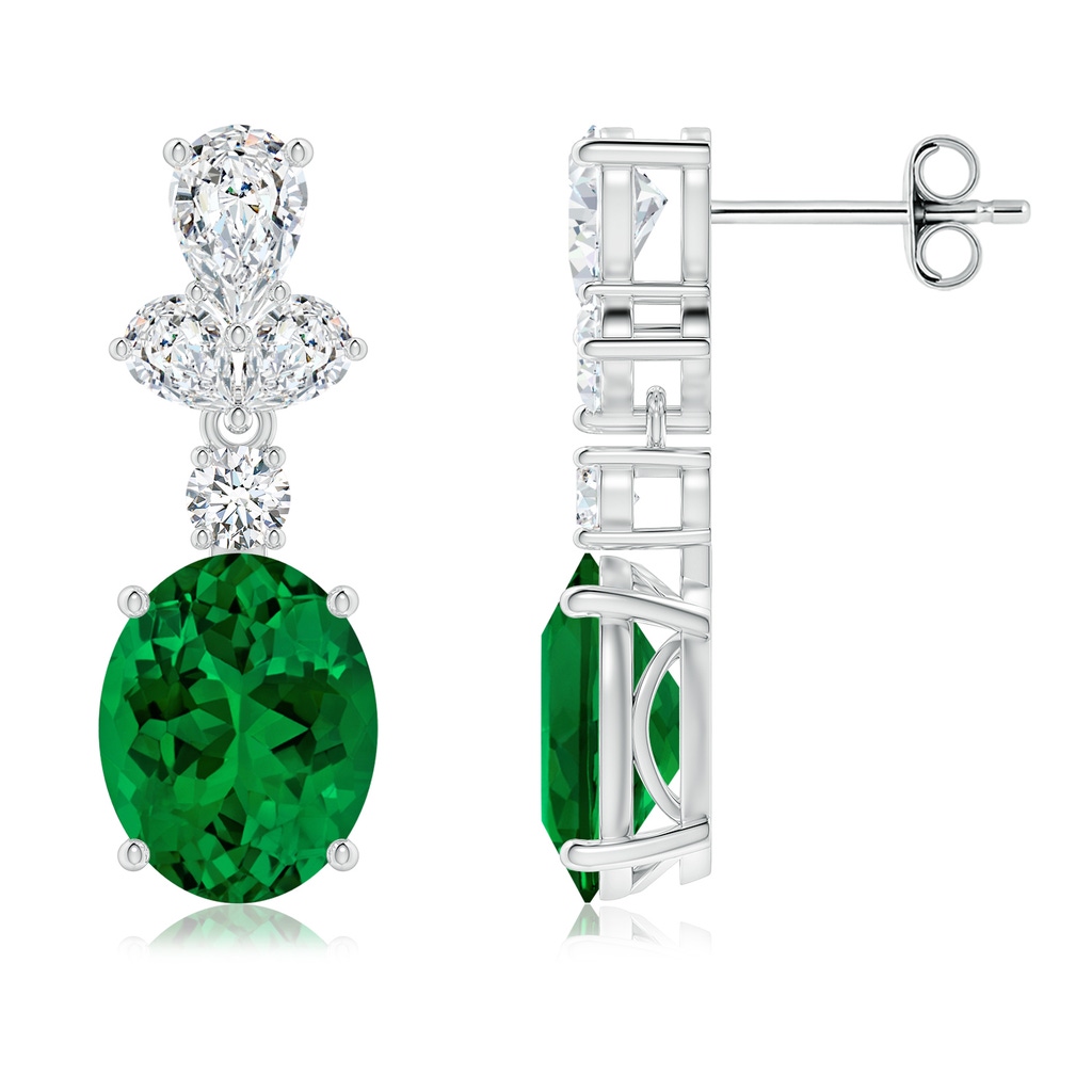 10x8mm Labgrown Oval Lab-Grown Emerald Dangle Earrings with Diamond Leaf Motifs in White Gold