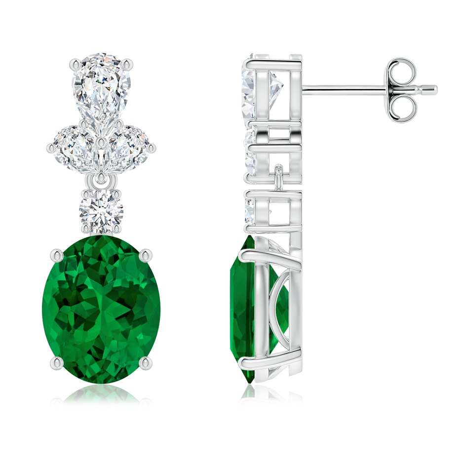 10x8mm Labgrown Oval Lab-Grown Emerald Dangle Earrings with Diamond Leaf Motifs in White Gold 