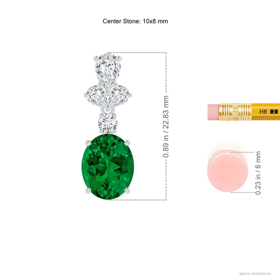 10x8mm Labgrown Oval Lab-Grown Emerald Dangle Earrings with Diamond Leaf Motifs in White Gold ruler