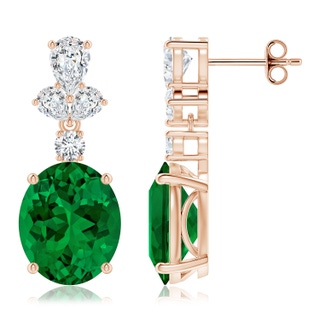 12x10mm Labgrown Oval Lab-Grown Emerald Dangle Earrings with Diamond Leaf Motifs in 18K Rose Gold