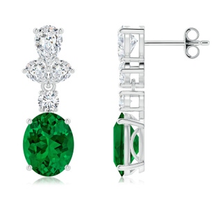 9x7mm Labgrown Oval Lab-Grown Emerald Dangle Earrings with Diamond Leaf Motifs in P950 Platinum