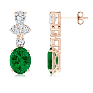 9x7mm Labgrown Oval Lab-Grown Emerald Dangle Earrings with Diamond Leaf Motifs in Rose Gold