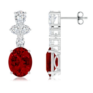 10x8mm Labgrown Oval Lab-Grown Ruby Dangle Earrings with Diamond Leaf Motifs in P950 Platinum