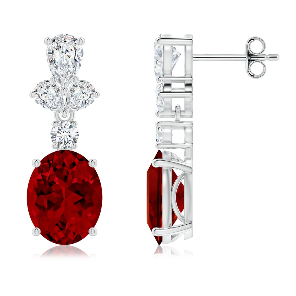 10x8mm Labgrown Oval Lab-Grown Ruby Dangle Earrings with Diamond Leaf Motifs in White Gold
