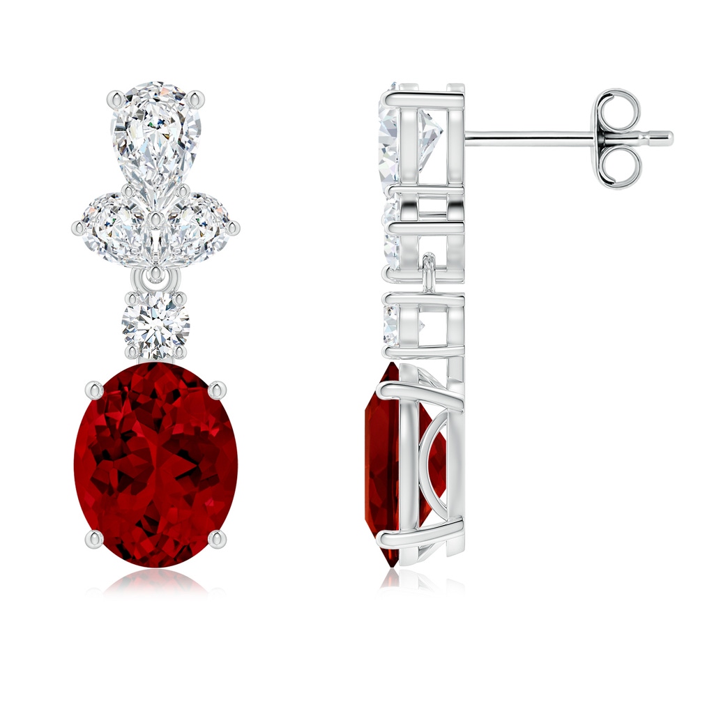 9x7mm Labgrown Oval Lab-Grown Ruby Dangle Earrings with Diamond Leaf Motifs in White Gold