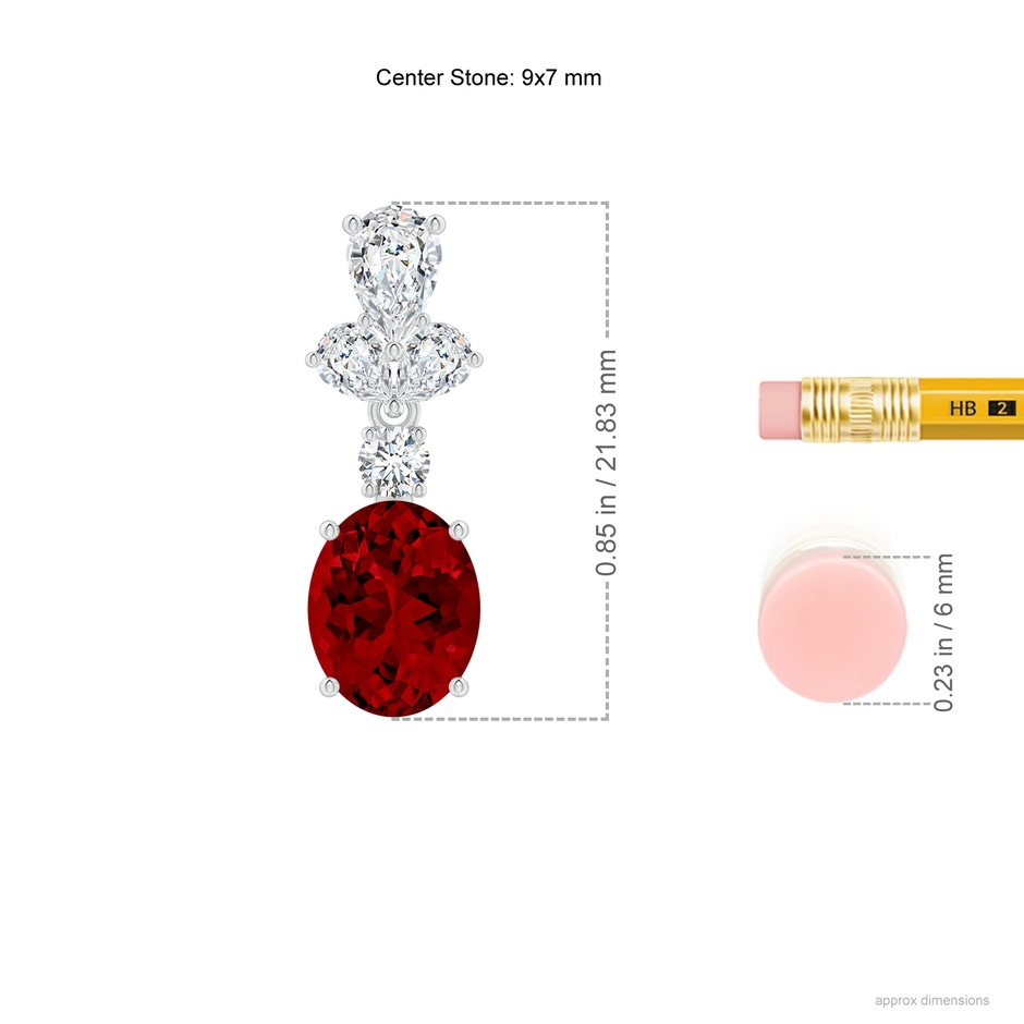 9x7mm Labgrown Oval Lab-Grown Ruby Dangle Earrings with Diamond Leaf Motifs in White Gold ruler