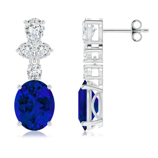 10x8mm Labgrown Oval Lab-Grown Blue Sapphire Dangle Earrings with Diamond Leaf Motifs in P950 Platinum