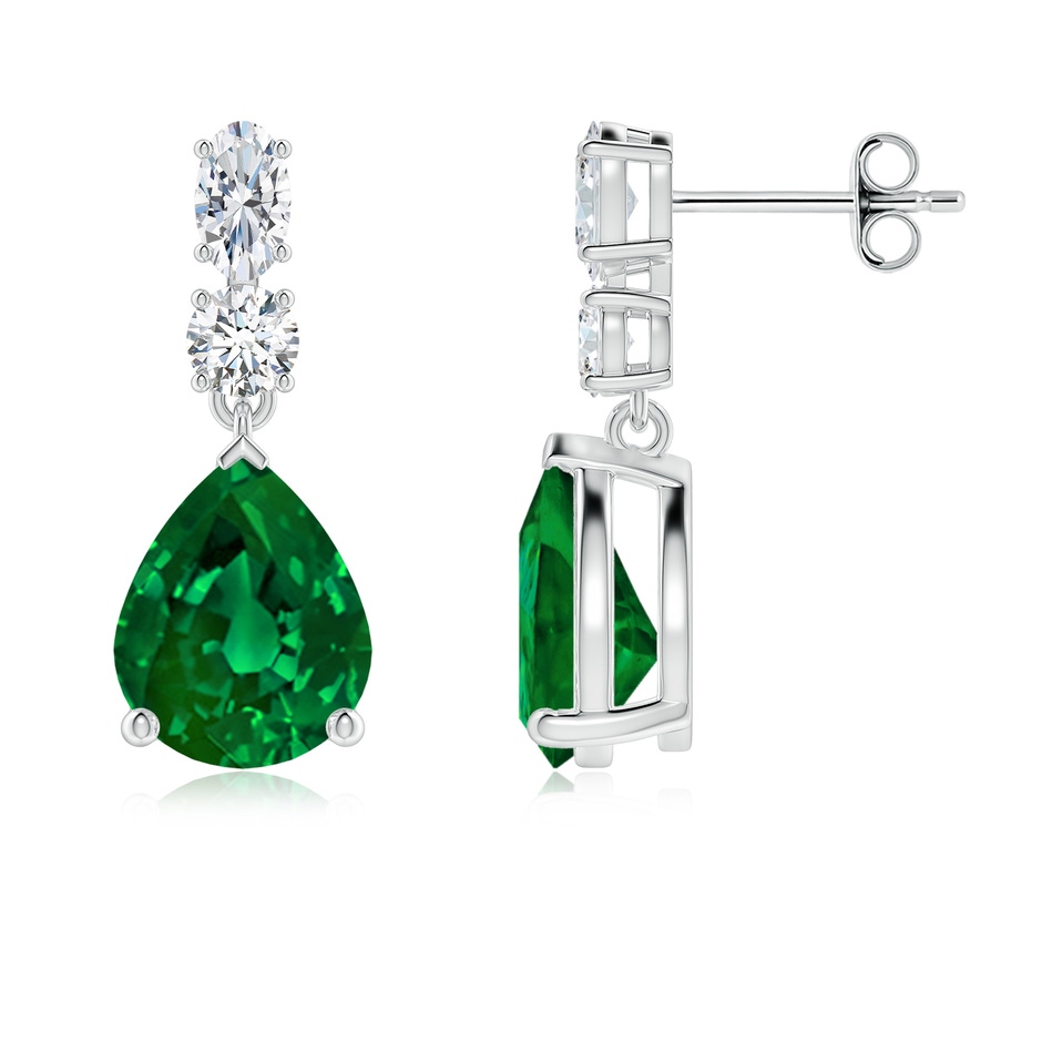 10x8mm Labgrown Pear Lab-Grown Emerald Dangle Earrings with Diamond Accents in White Gold 