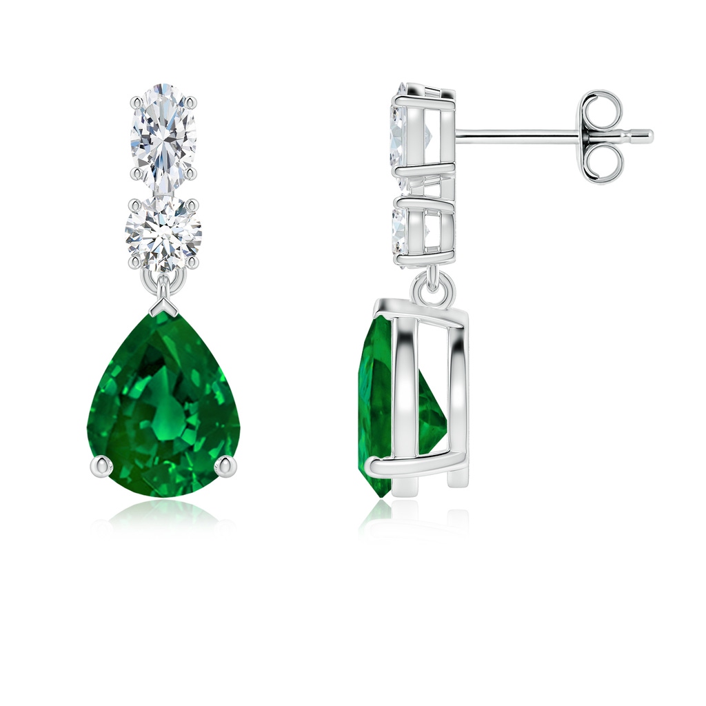 9x7mm Labgrown Pear Lab-Grown Emerald Dangle Earrings with Diamond Accents in White Gold