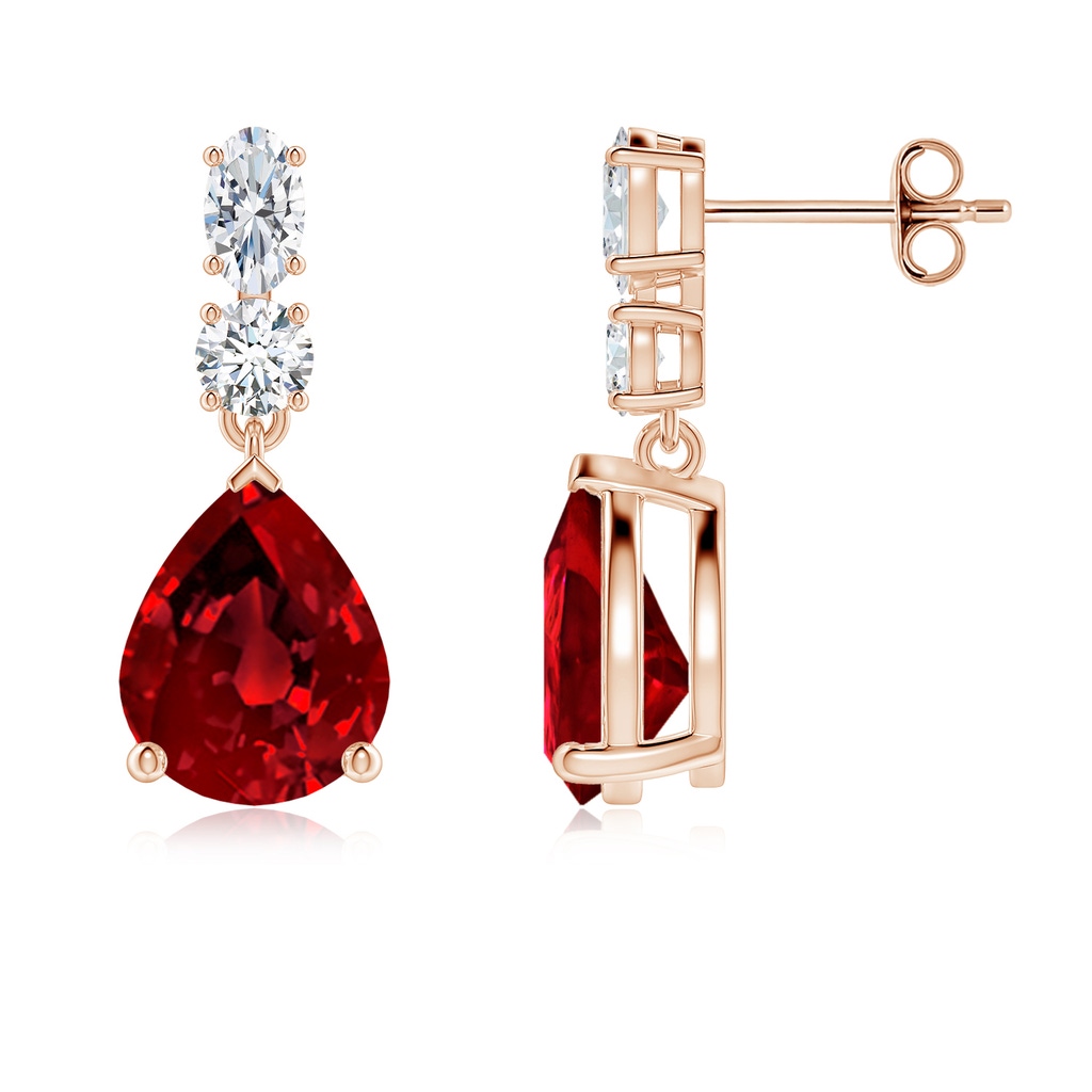 10x8mm Labgrown Pear Lab-Grown Ruby Dangle Earrings with Diamond Accents in Rose Gold