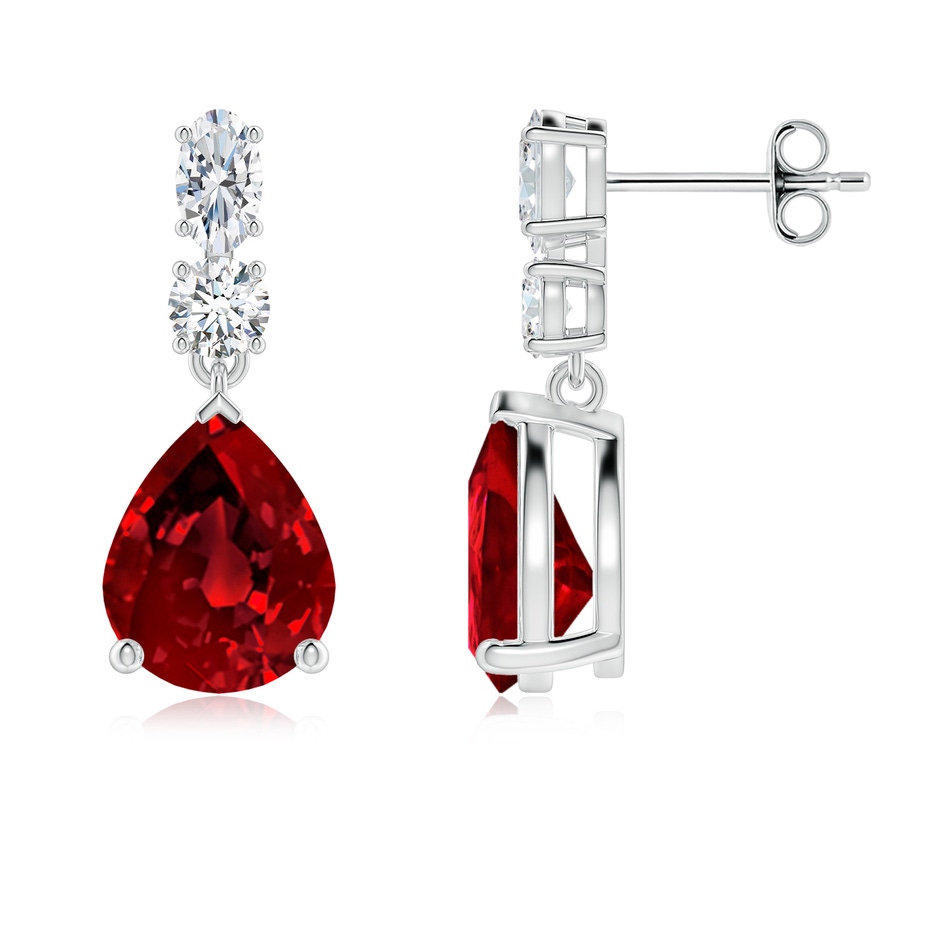 10x8mm Labgrown Pear Lab-Grown Ruby Dangle Earrings with Diamond Accents in White Gold 