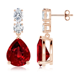 12x10mm Labgrown Pear Lab-Grown Ruby Dangle Earrings with Diamond Accents in Rose Gold