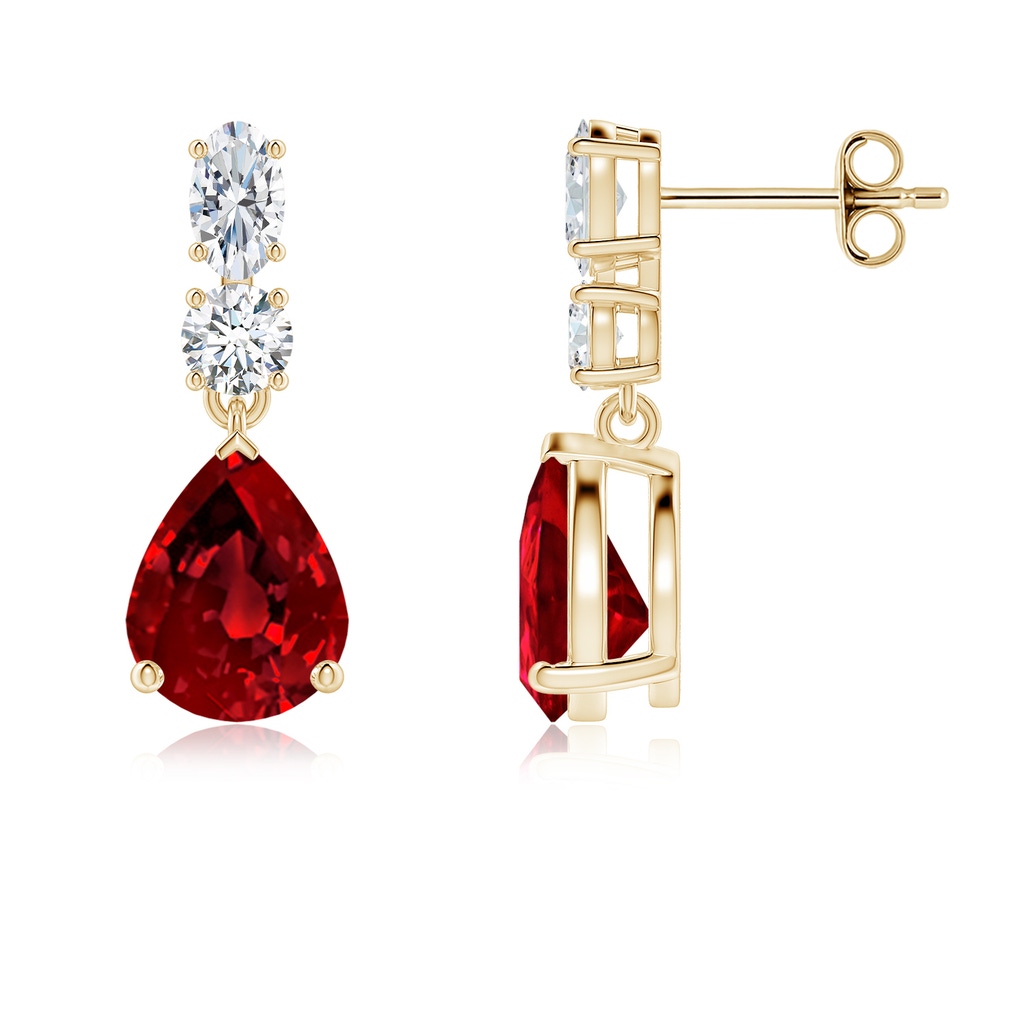 9x7mm Labgrown Pear Lab-Grown Ruby Dangle Earrings with Diamond Accents in Yellow Gold