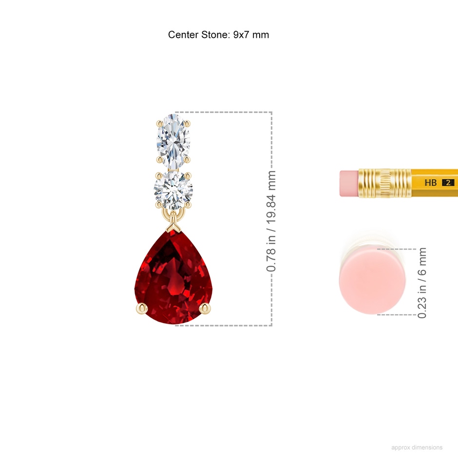 9x7mm Labgrown Pear Lab-Grown Ruby Dangle Earrings with Diamond Accents in Yellow Gold ruler