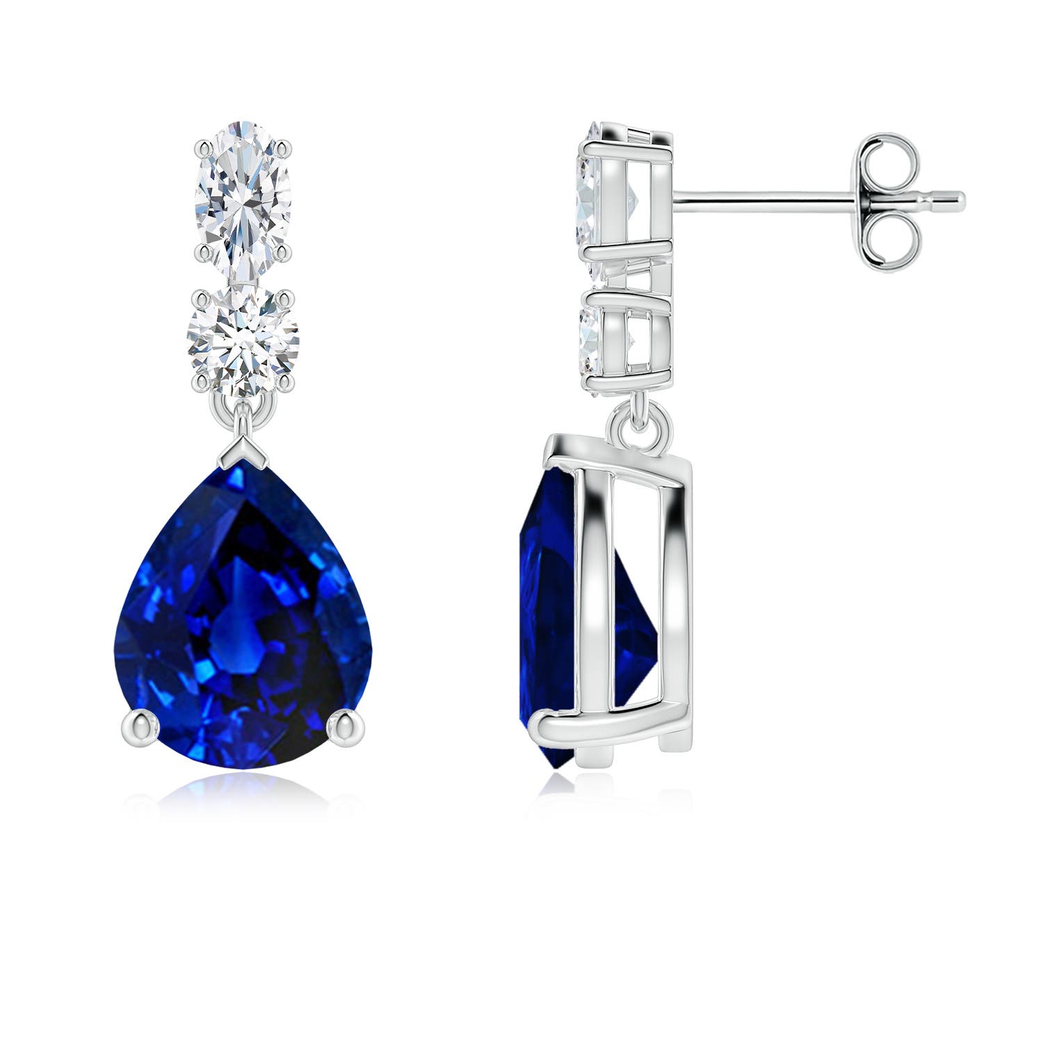 10x8mm Labgrown Prong-Set Pear Lab-Grown Blue Sapphire Dangle Earrings with Diamond Accents in 18K White Gold