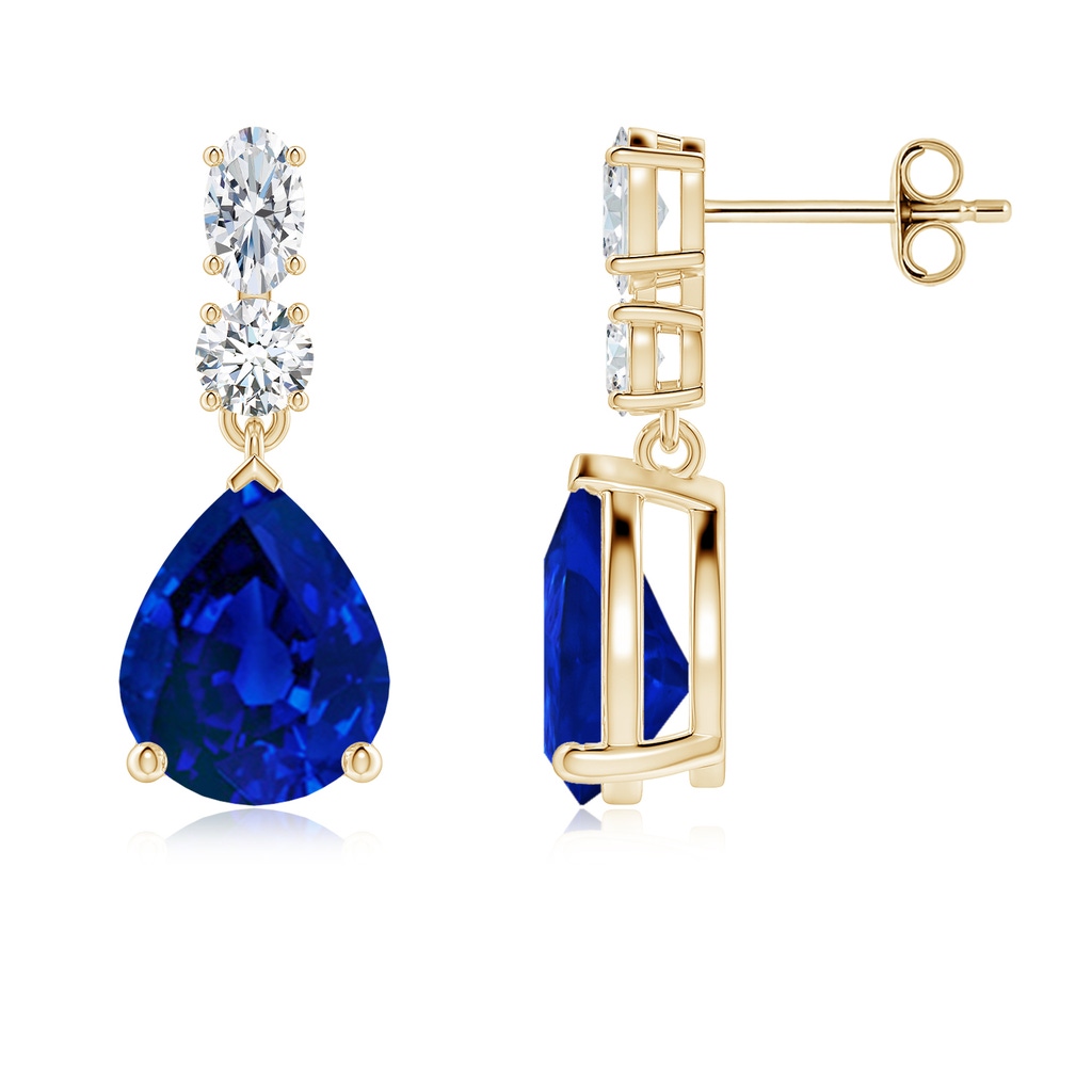10x8mm Labgrown Pear Lab-Grown Blue Sapphire Dangle Earrings with Diamond Accents in Yellow Gold