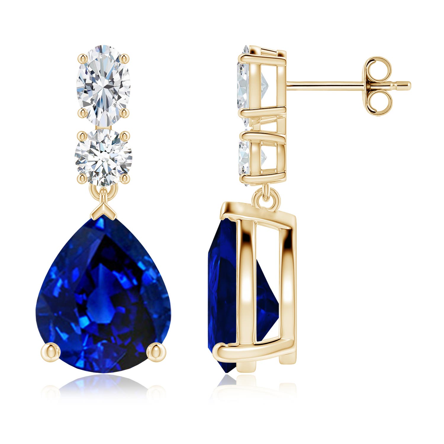 12x10mm Labgrown Prong-Set Pear Lab-Grown Blue Sapphire Dangle Earrings with Diamond Accents in Yellow Gold