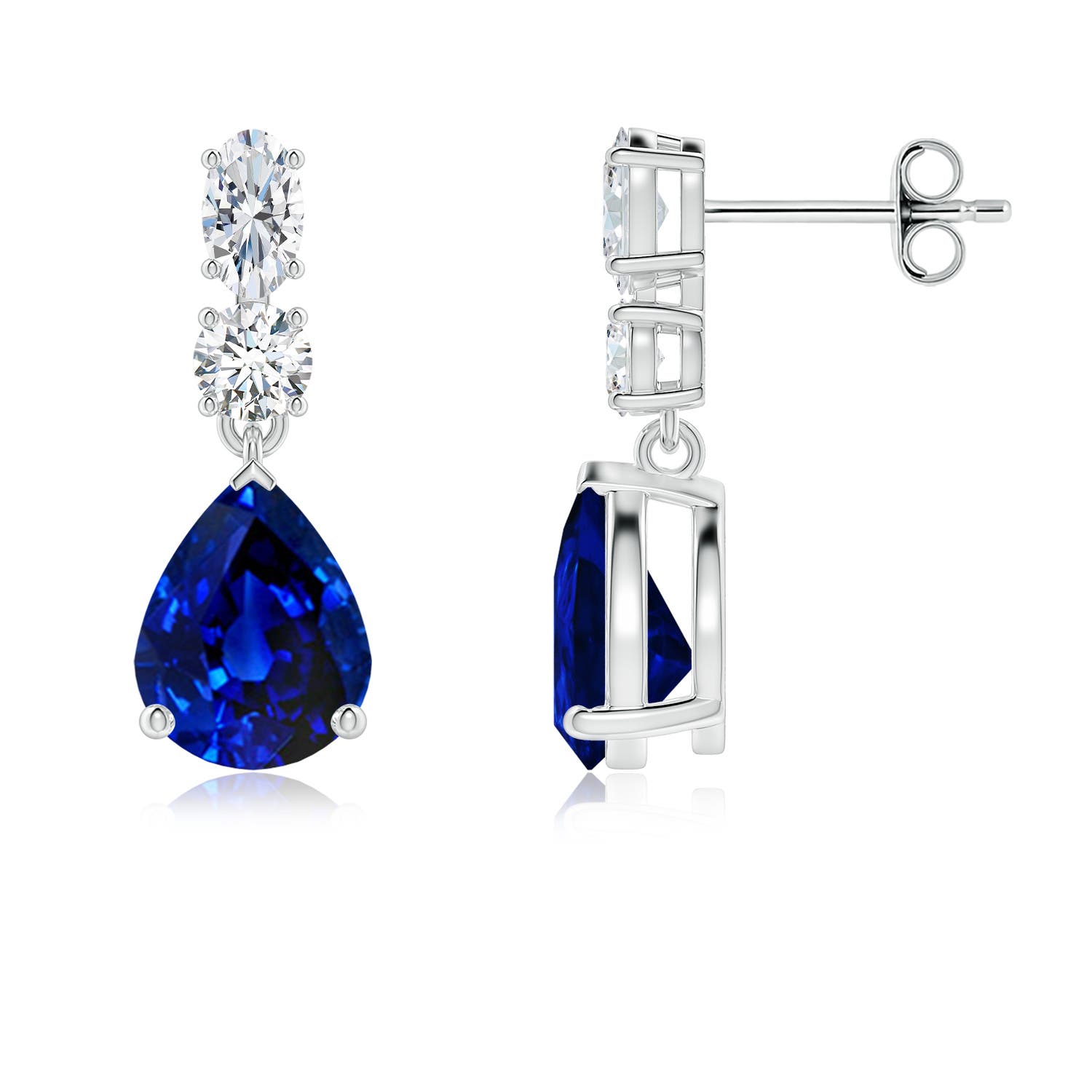 9x7mm Labgrown Prong-Set Pear Lab-Grown Blue Sapphire Dangle Earrings with Diamond Accents in White Gold