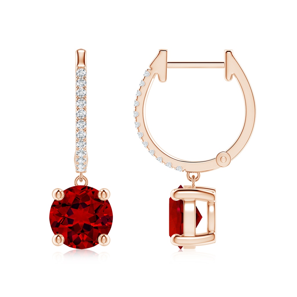 7mm Labgrown Lab-Grown Round Ruby Hoop Drop Earrings with Lab Diamonds in Rose Gold