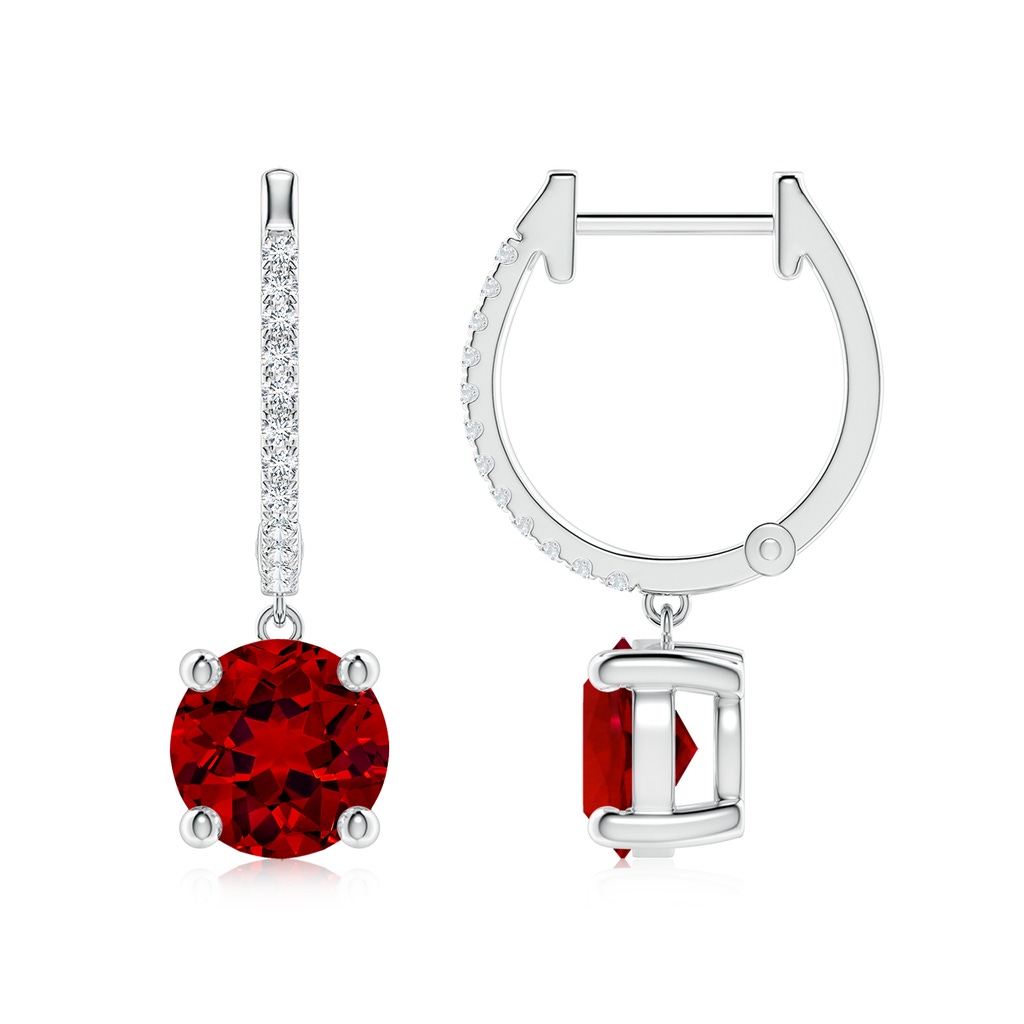 7mm Labgrown Lab-Grown Round Ruby Hoop Drop Earrings with Lab Diamonds in White Gold