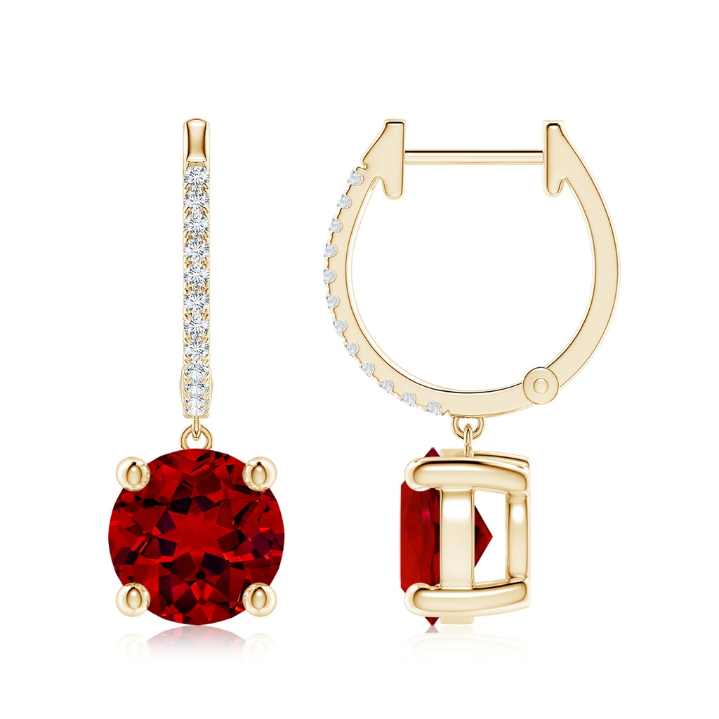 8mm Labgrown Lab-Grown Round Ruby Hoop Drop Earrings with Lab Diamonds in Yellow Gold