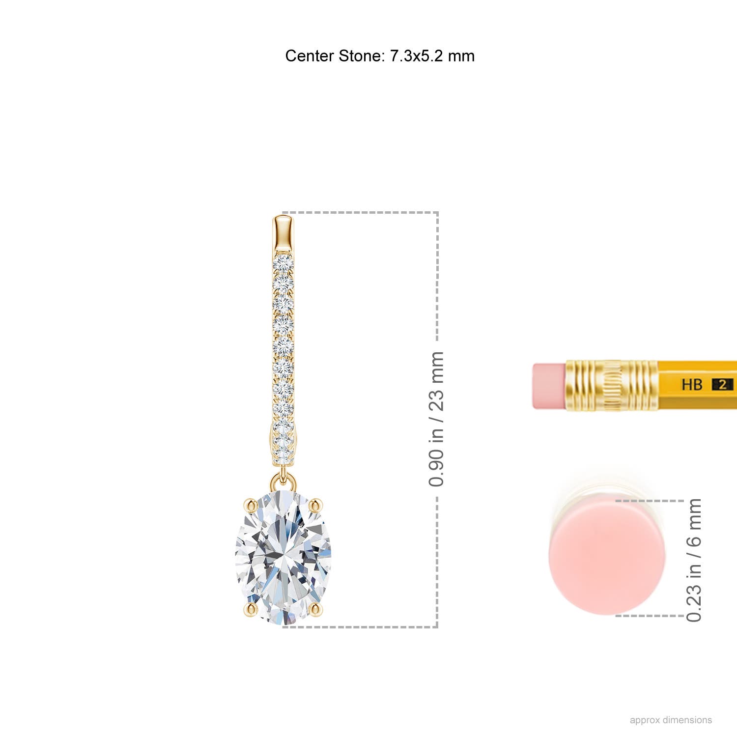 7.3x5.2mm FGVS Oval Lab-Grown Diamond Hoop Drop Earrings with Accents in Yellow Gold - ruler