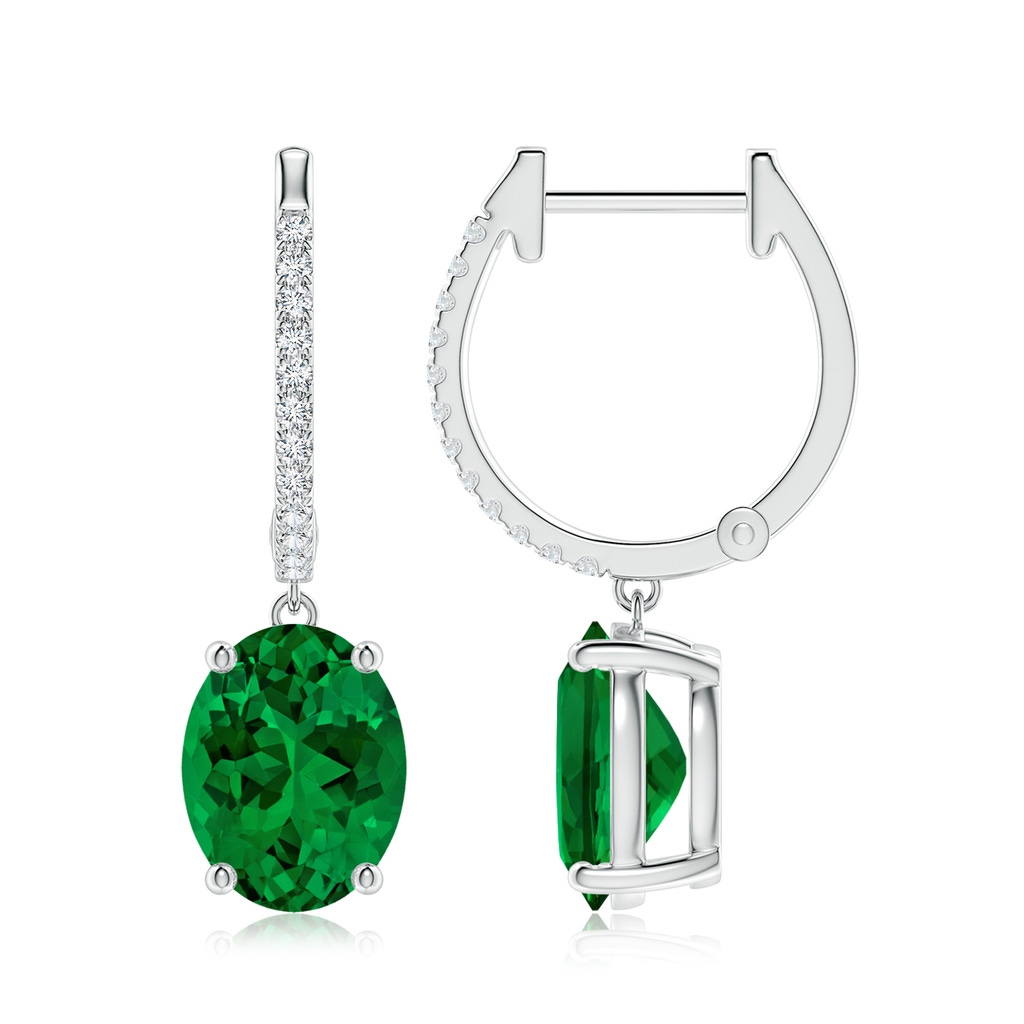 9x7mm Labgrown Lab-Grown Oval Emerald Hoop Drop Earrings with Lab Diamonds in White Gold