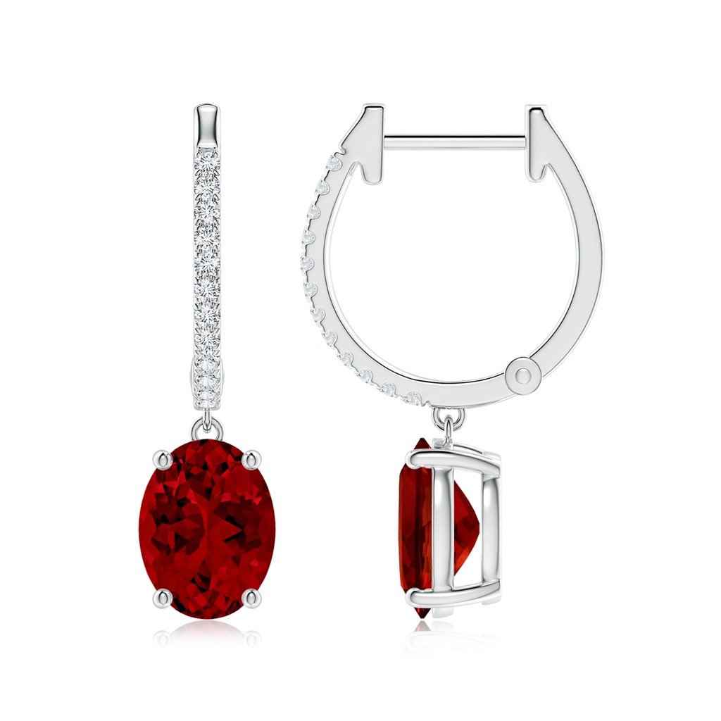 8x6mm Labgrown Lab-Grown Oval Ruby Hoop Drop Earrings with Lab Diamonds in White Gold