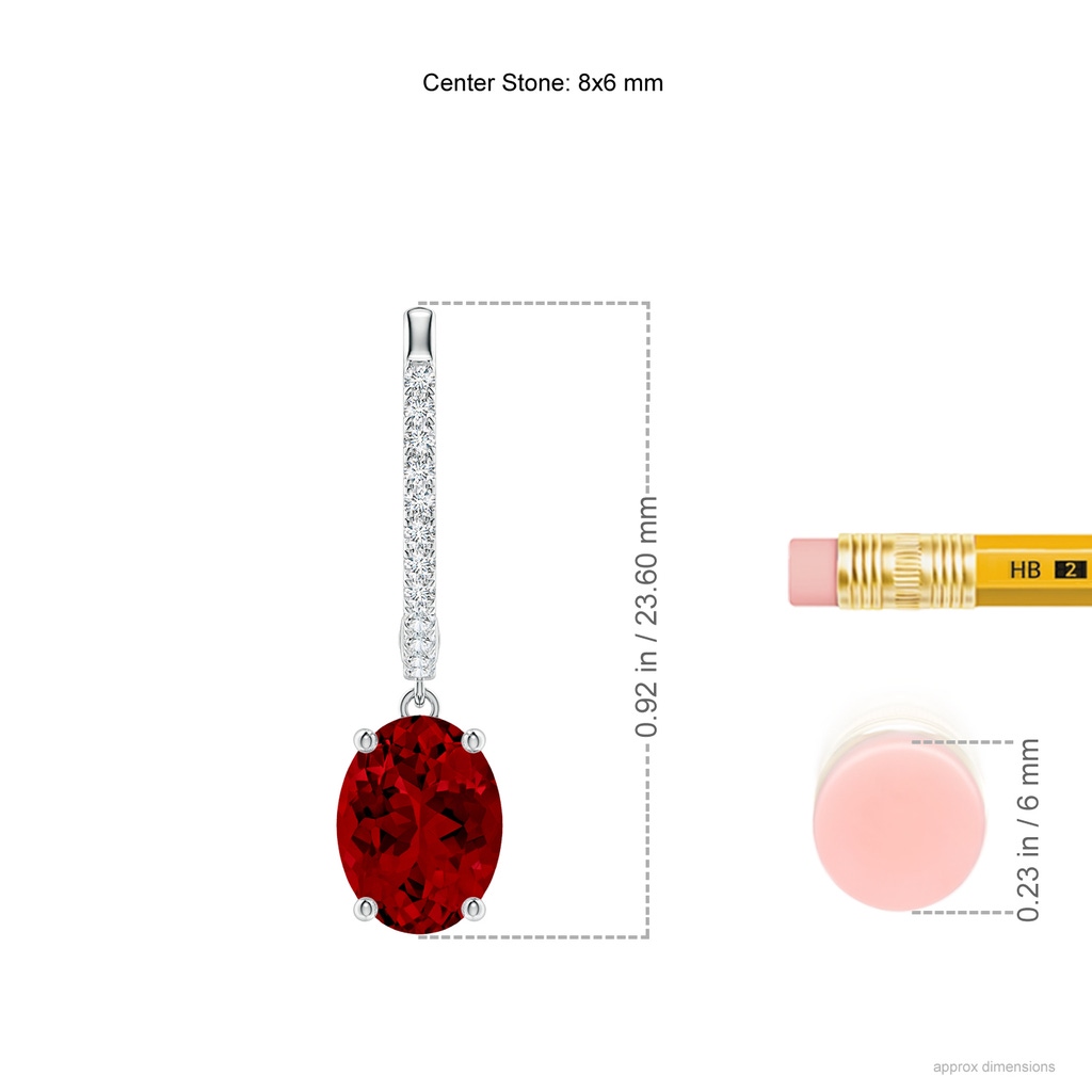 8x6mm Labgrown Lab-Grown Oval Ruby Hoop Drop Earrings with Lab Diamonds in White Gold ruler