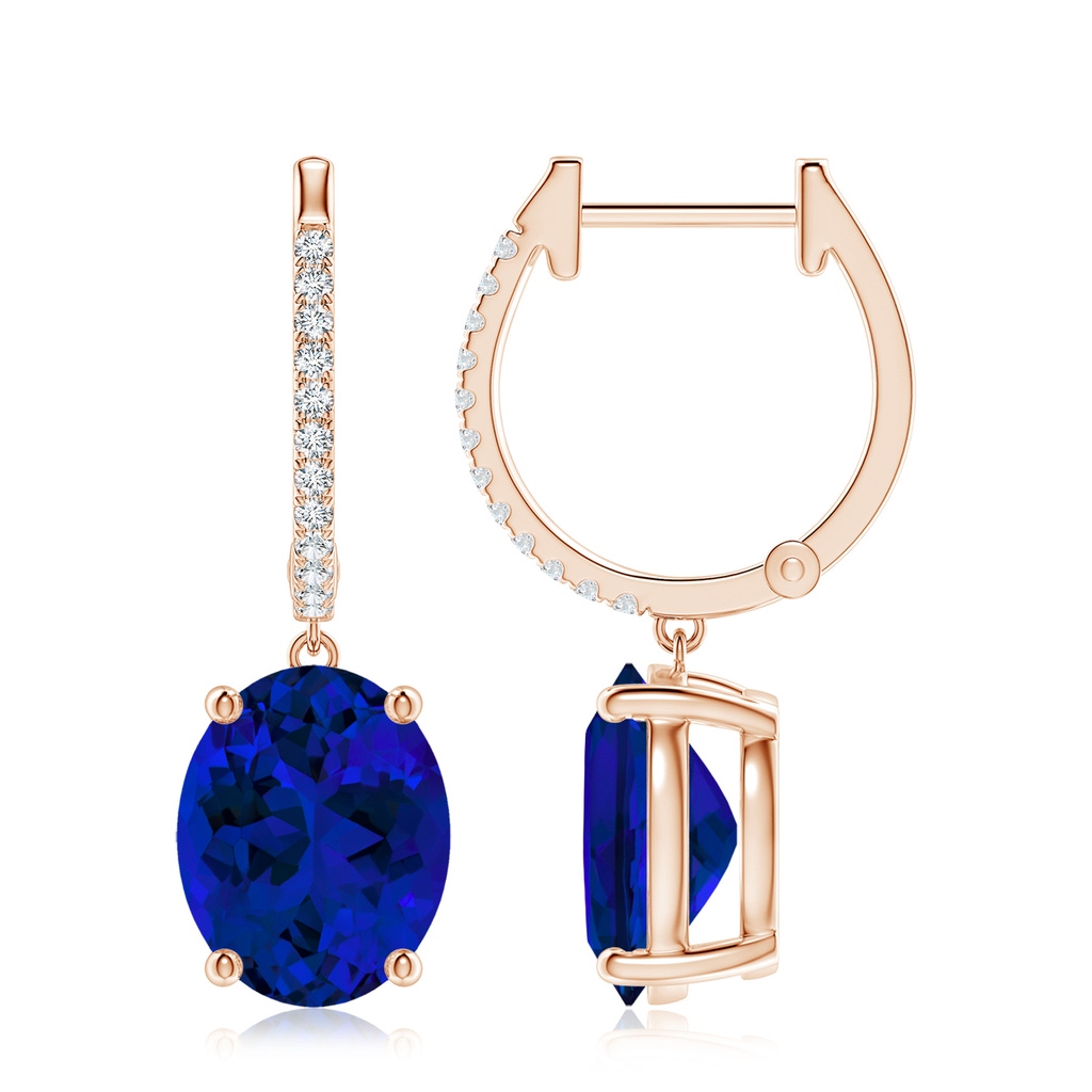 10x8mm Labgrown Lab-Grown Oval Blue Sapphire Hoop Drop Earrings with Lab Diamonds in Rose Gold