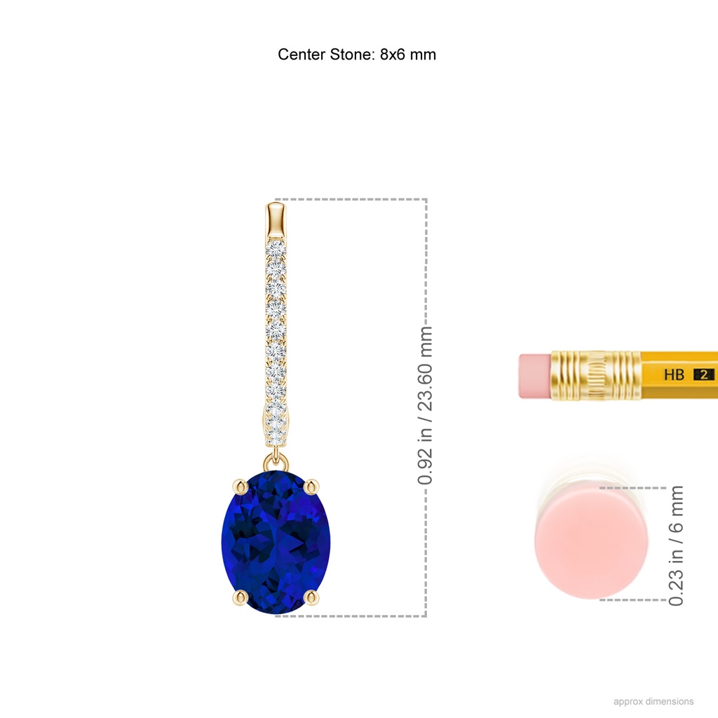 8x6mm Labgrown Lab-Grown Oval Blue Sapphire Hoop Drop Earrings with Lab Diamonds in Yellow Gold ruler