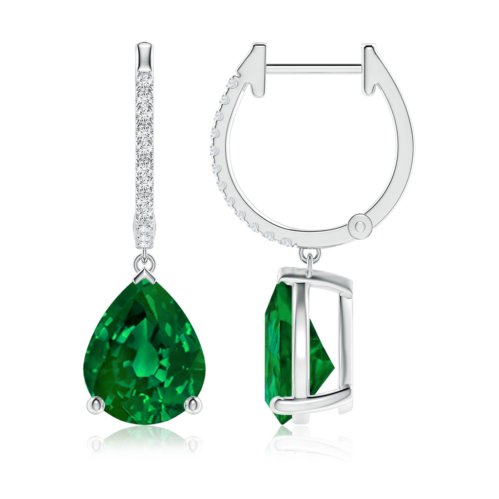 10x8mm Labgrown Lab-Grown Pear Emerald Hoop Drop Earrings with Lab Diamonds in P950 Platinum