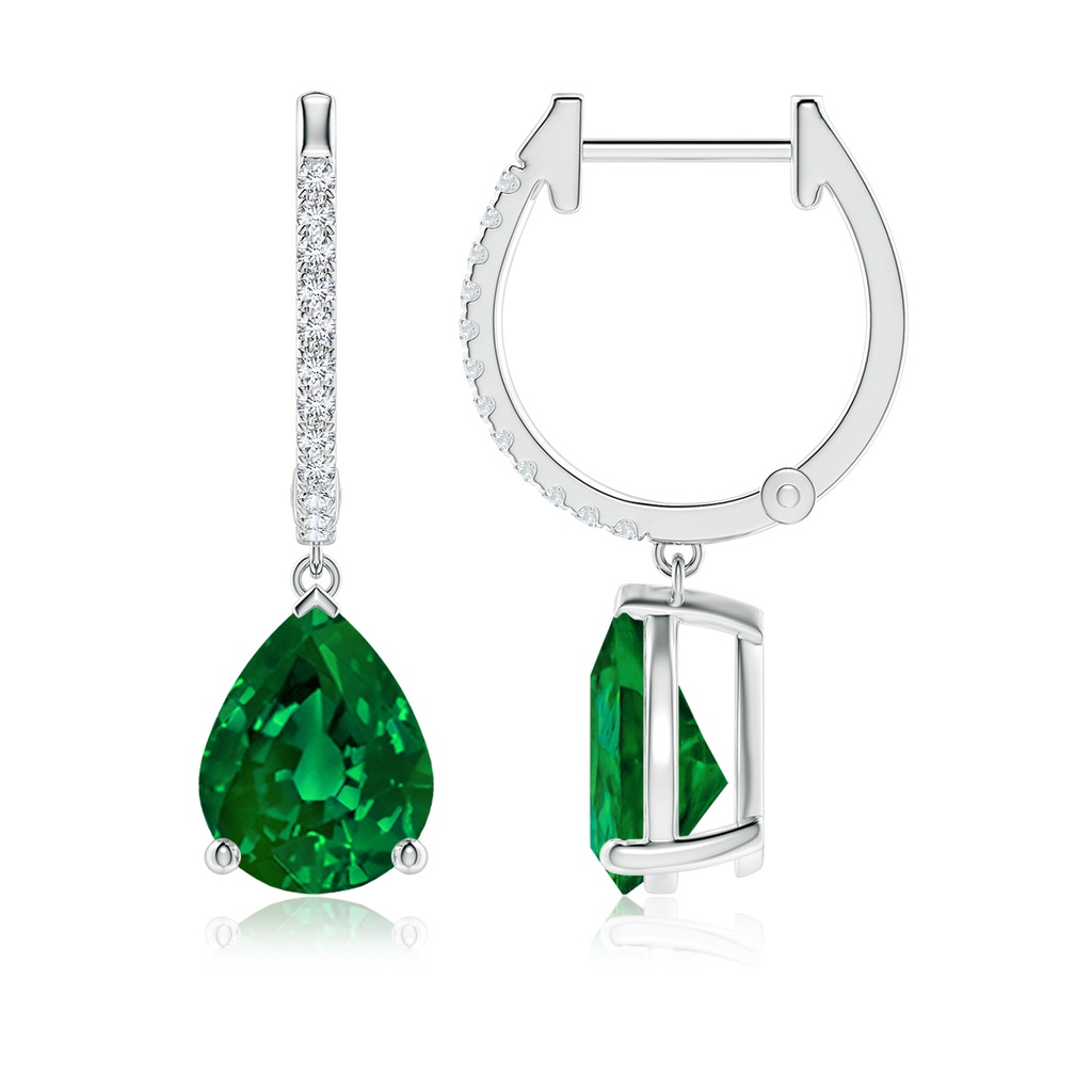 9x7mm Labgrown Lab-Grown Pear Emerald Hoop Drop Earrings with Lab Diamonds in White Gold