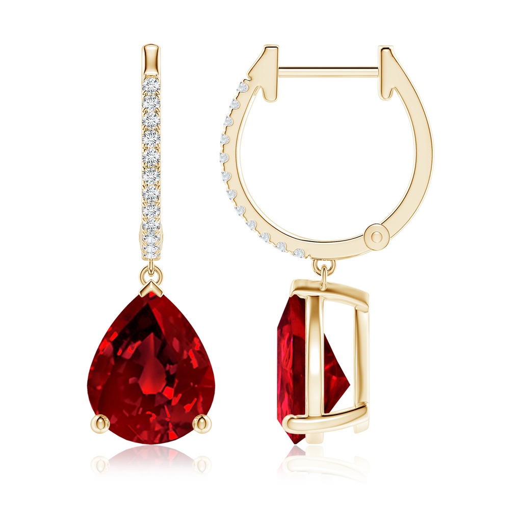 10x8mm Labgrown Lab-Grown Pear Ruby Hoop Drop Earrings with Lab Diamonds in Yellow Gold