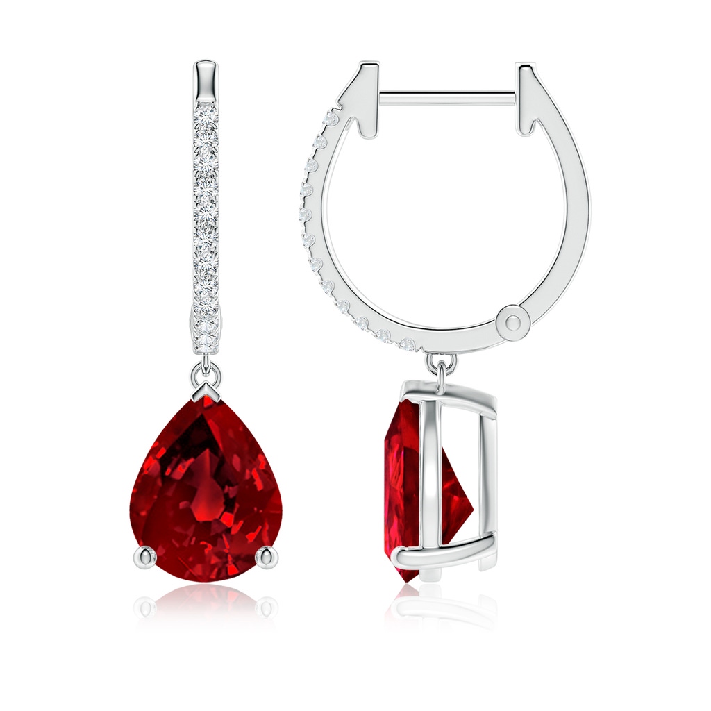 9x7mm Labgrown Lab-Grown Pear Ruby Hoop Drop Earrings with Lab Diamonds in White Gold